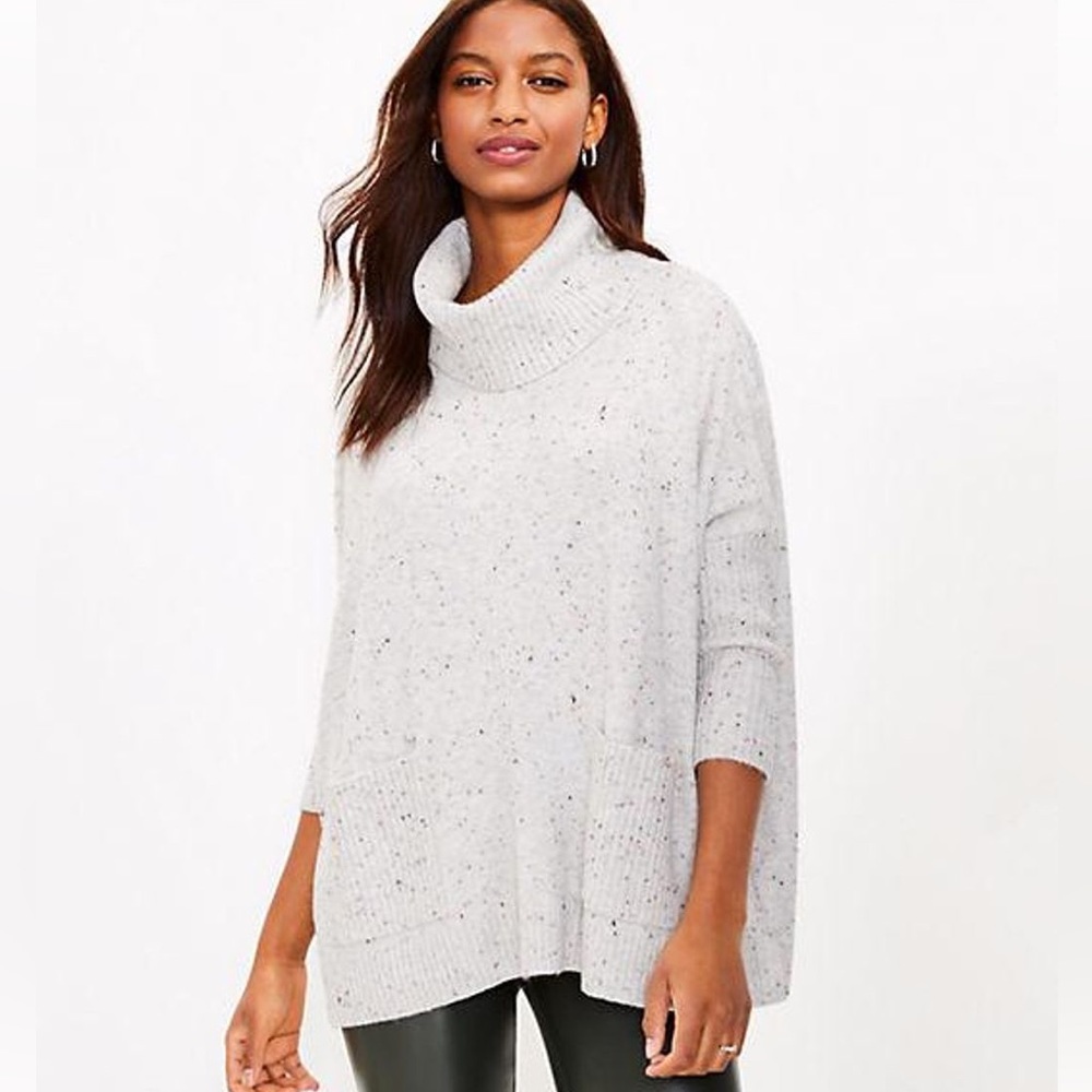 LOFT Cream & Black Flecked Turtleneck Poncho Sweater